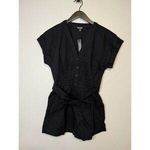 Steve Madden Black Denim Button Up Maisie Romper Womens Size Small Tie Waist
